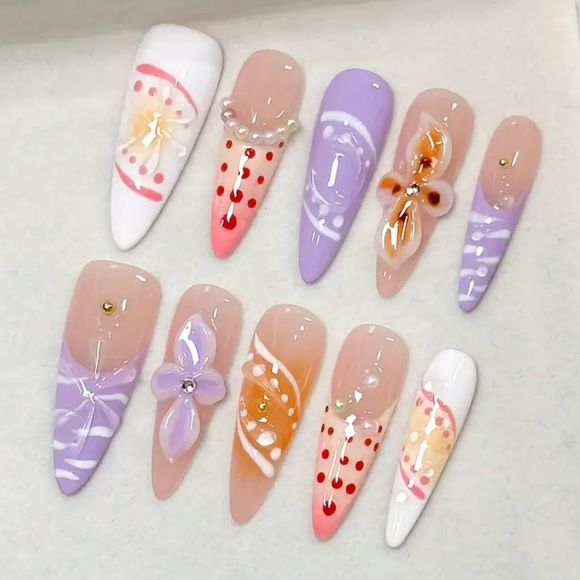 Hand Crafted Other - Colorful Handmade Press On Nail Art Set with Floral Designs Long Length 3D NWT